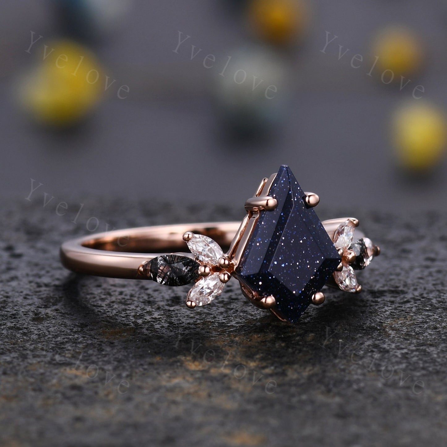 Vintage Kite shaped Sandstone Engagement Ring,Unique Bridal Ring,Marquise Black Rutilated Quartz Ring,Solid Gold Galaxy Anniversary Ring