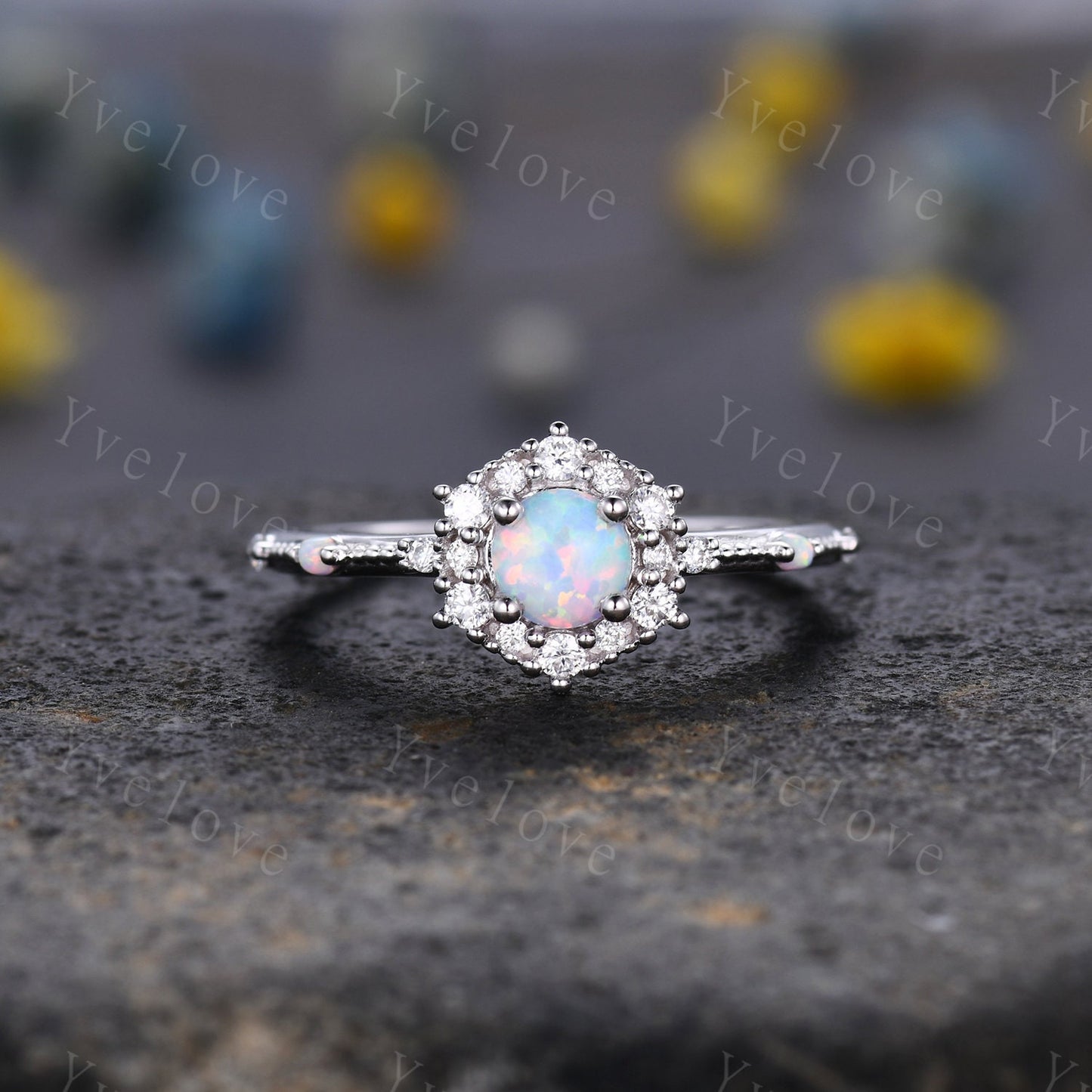 Vintage Opal Engagement Ring Set White Gold Ring Diamond Eternity Ring For Women Stacking Bridal Set Floral Halo Promise Anniversary Gift