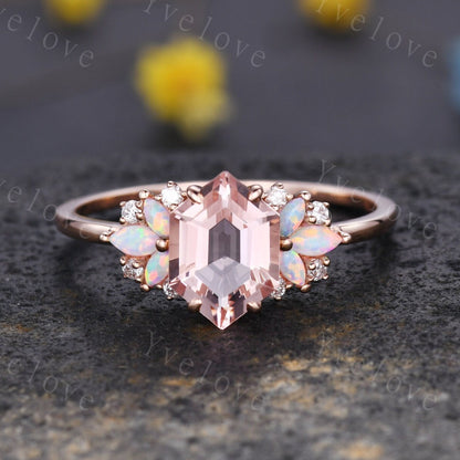 Vintage Hexagon Morganite Opal engagement ring,Unique Marquise Opal Ring,Cluster Ring,Rose Gold,Women Bridal Wedding Band,Statement Ring