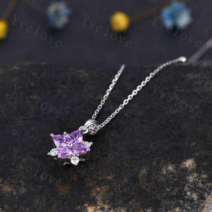 Natural Pink Sapphire Diamond Necklace,Pink Gems Pendant Floral Diamond Jewelry Delicate Dainty Necklace Gift For Women or Her,White Gold