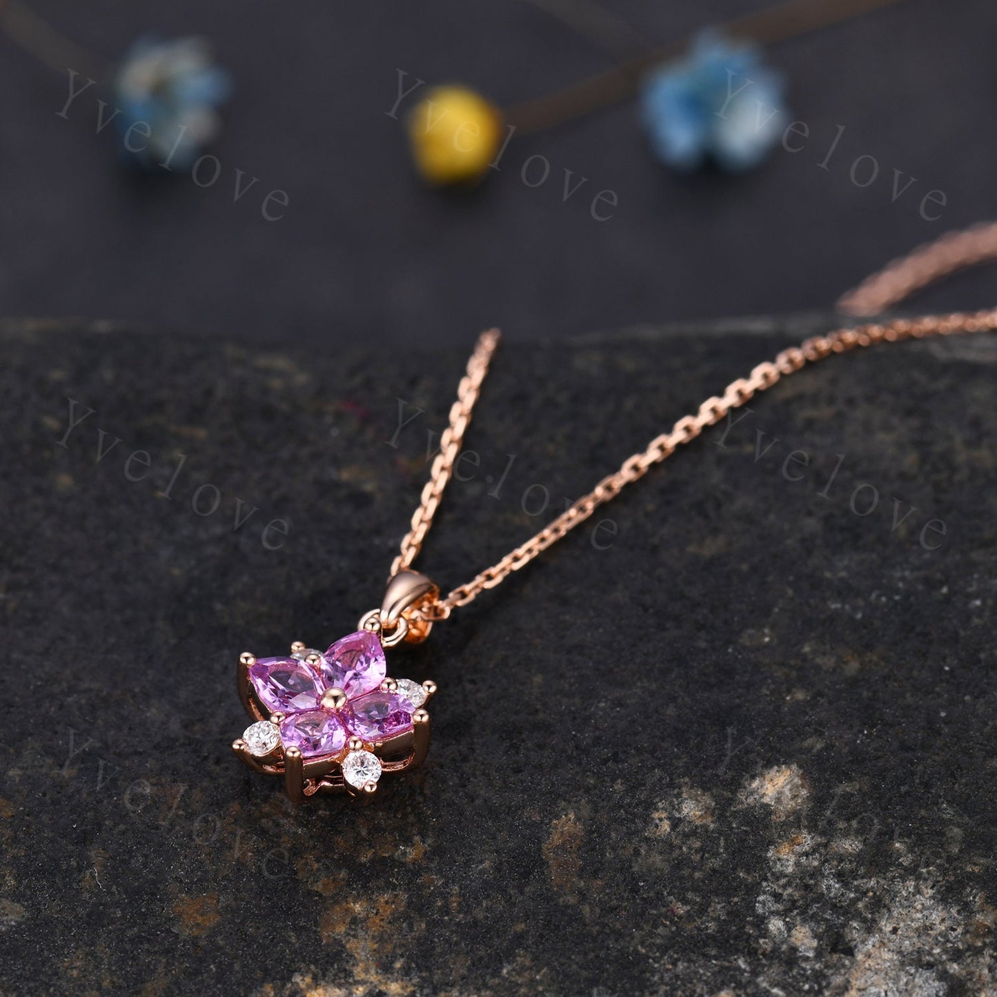 Natural Pink Sapphire Diamond Necklace,Pink Gems Pendant Floral Diamond Jewelry Delicate Dainty Necklace Gift For Women or Her,White Gold