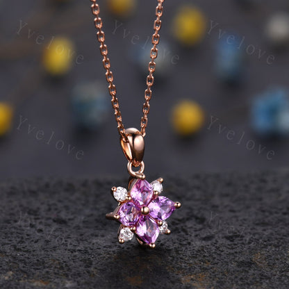 Natural Pink Sapphire Diamond Necklace,Pink Gems Pendant Floral Diamond Jewelry Delicate Dainty Necklace Gift For Women or Her,White Gold