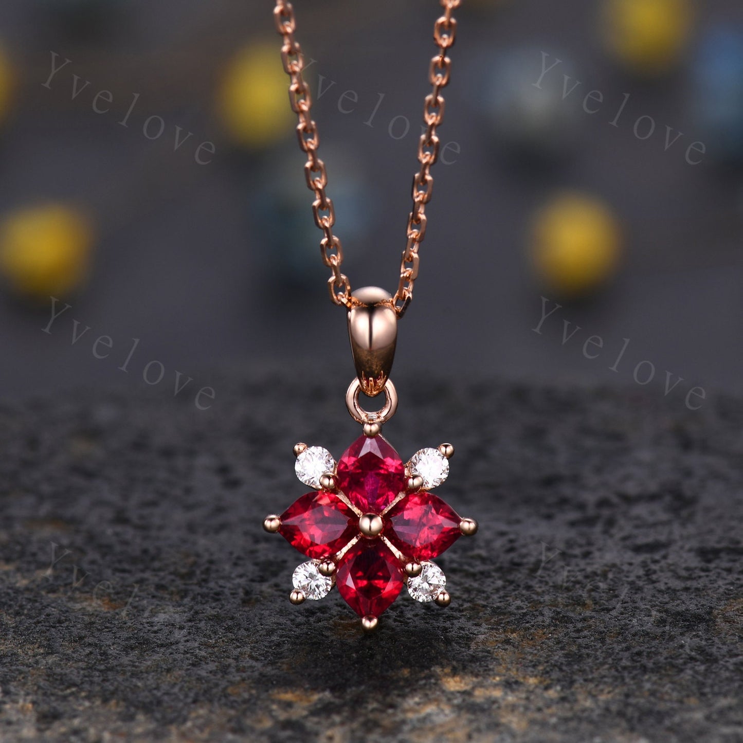 Vintage Natural Red Ruby Diamond Necklace,Pink Gems Pendant Floral Diamond Jewelry Delicate Dainty Necklace Gift For Women,14k White Gold