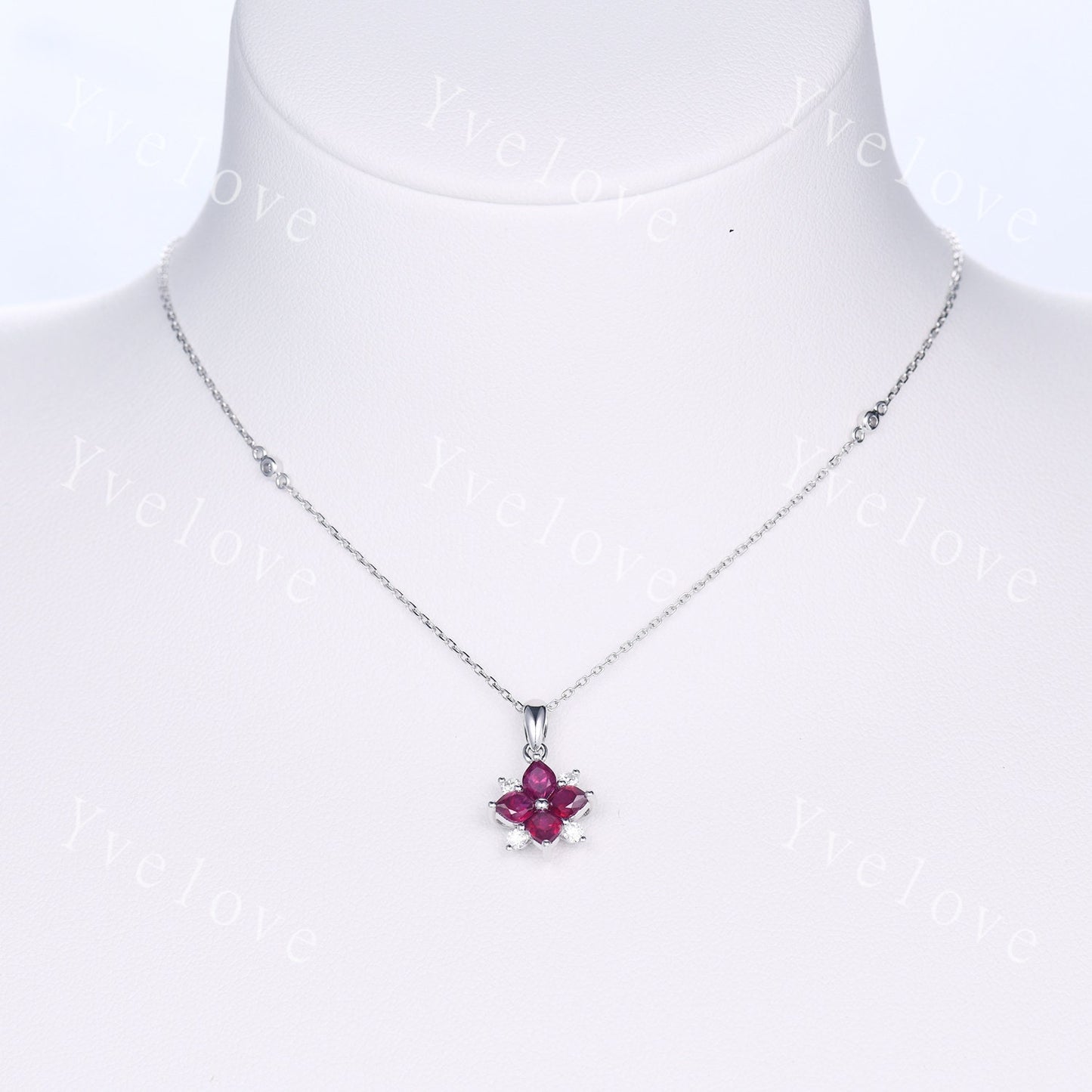 Vintage Natural Red Ruby Diamond Necklace,Pink Gems Pendant Floral Diamond Jewelry Delicate Dainty Necklace Gift For Women,14k White Gold