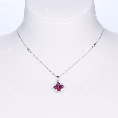 Vintage Natural Red Ruby Diamond Necklace,Pink Gems Pendant Floral Diamond Jewelry Delicate Dainty Necklace Gift For Women,14k Rose Gold