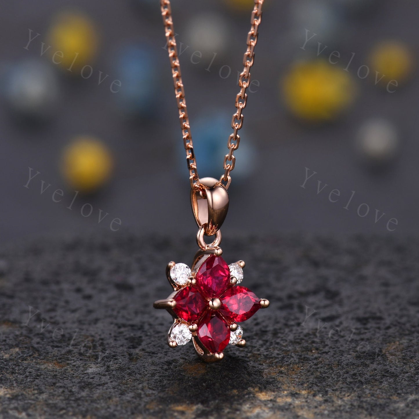 Vintage Natural Red Ruby Diamond Necklace,Pink Gems Pendant Floral Diamond Jewelry Delicate Dainty Necklace Gift For Women,14k White Gold