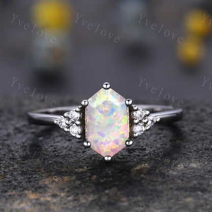 Retro Long hexagon White Opal Ring,Vintage Sterling Silver Ring Set,Unique Opal Engagement Ring,Promise Ring,Anniversary Ring Gift For Her