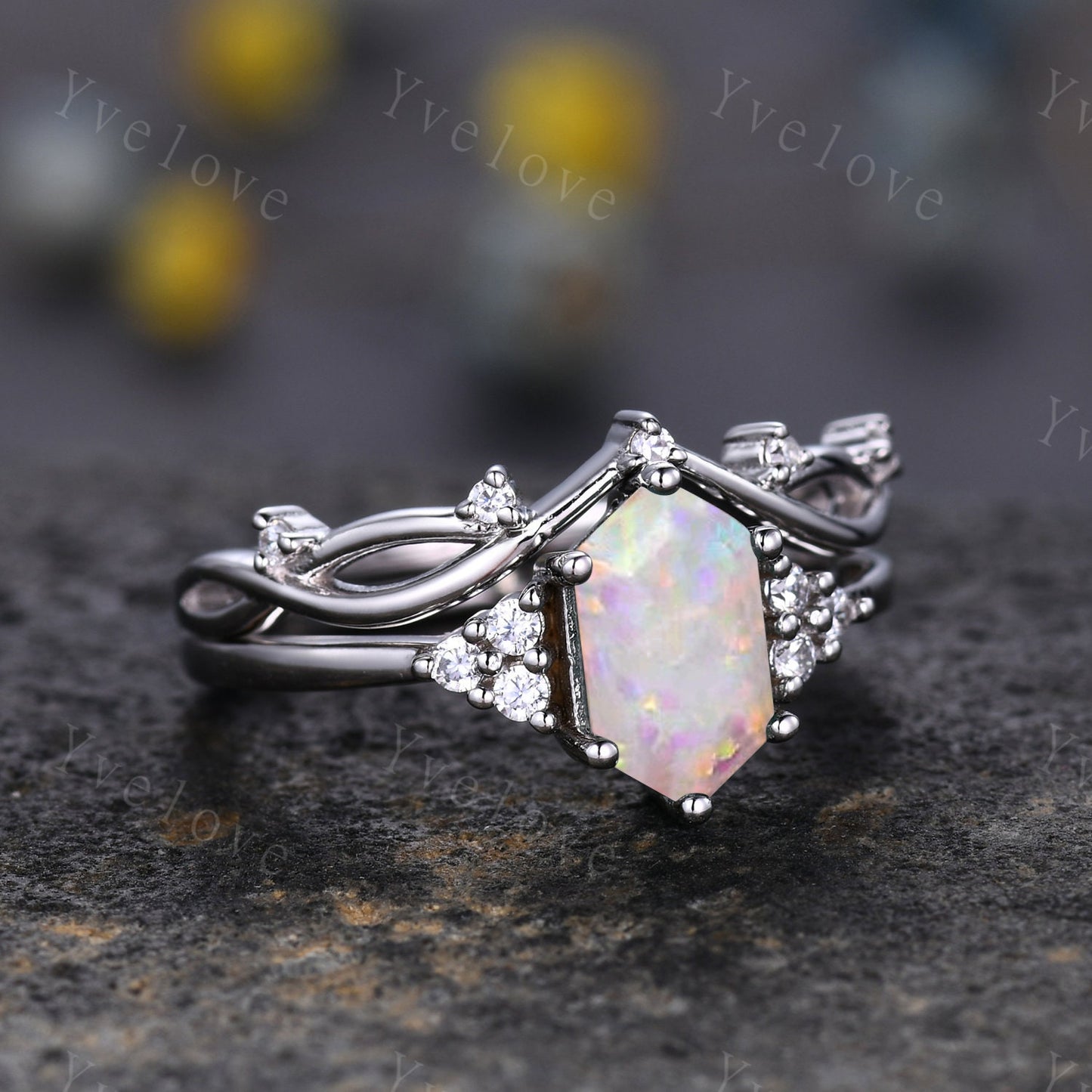 Retro Long hexagon White Opal Ring,Vintage Sterling Silver Ring Set,Unique Opal Engagement Ring,Promise Ring,Anniversary Ring Gift For Her