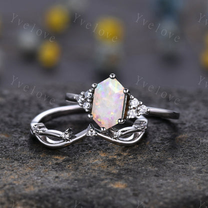 Retro Long hexagon White Opal Ring,Vintage Sterling Silver Ring Set,Unique Opal Engagement Ring,Promise Ring,Anniversary Ring Gift For Her