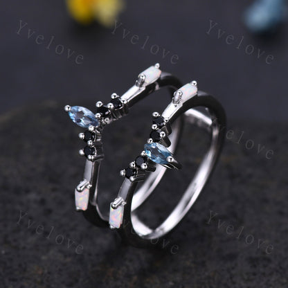 Hexagon Cut Moonstone Engagement Ring,Alexandrite Wedding Ring,Black Gem,Baguette Opal Ring,Enhancer Ring,Double Curved Ring,Promise ring