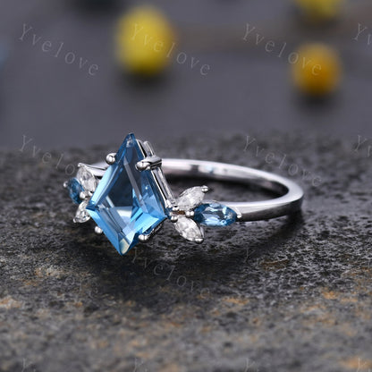 Vintage Kite Cut London Blue Topaz Engagement Ring,Unique Bridal Ring,Marquise Topaz Matching Band,Women Promise Ring,November Birthstone