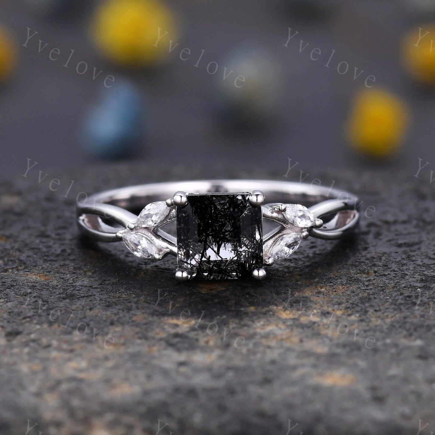 Vintage Black Rutilated Quartz Engagement Ring Princess Cut Black Gemstone Ring Twisting Split Shank Vine Moissanite Ring Bridal Ring Gift