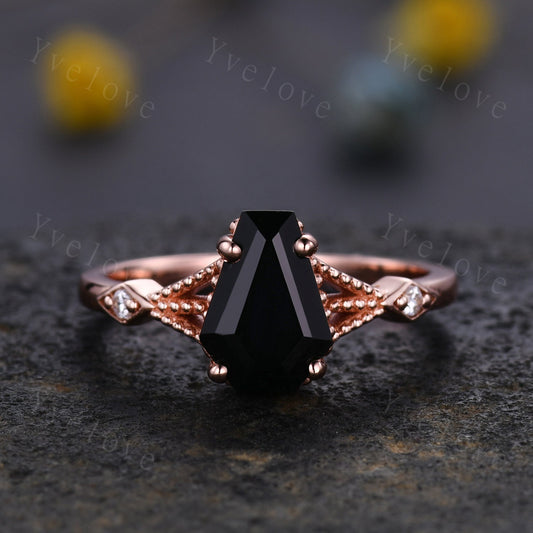 Vintage Coffin black onyx ring diamond wedding ring Unique black onyx engagement ring women rose gold diamond matching band bridal ring gift