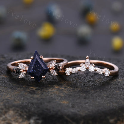 Vintage Kite shaped Sandstone Engagement Ring Set,Unique Bridal Ring Set,Marquise Black Rutilated Quartz,Rose Gold Galaxy Anniversary Ring