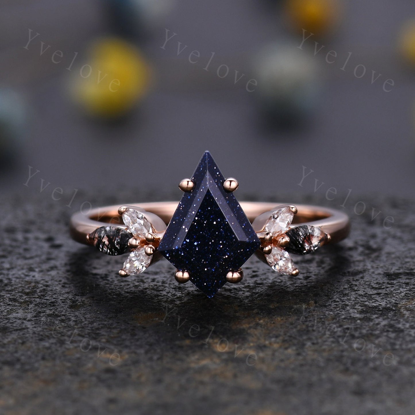 Vintage Kite shaped Sandstone Engagement Ring Set,Unique Bridal Ring Set,Marquise Black Rutilated Quartz,Rose Gold Galaxy Anniversary Ring