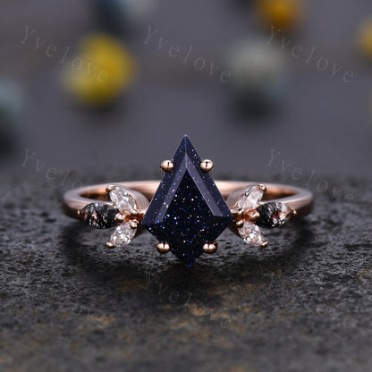 Vintage Kite shaped Sandstone Engagement Ring Set,Unique Bridal Ring Set,Marquise Black Rutilated Quartz,Rose Gold Galaxy Anniversary Ring