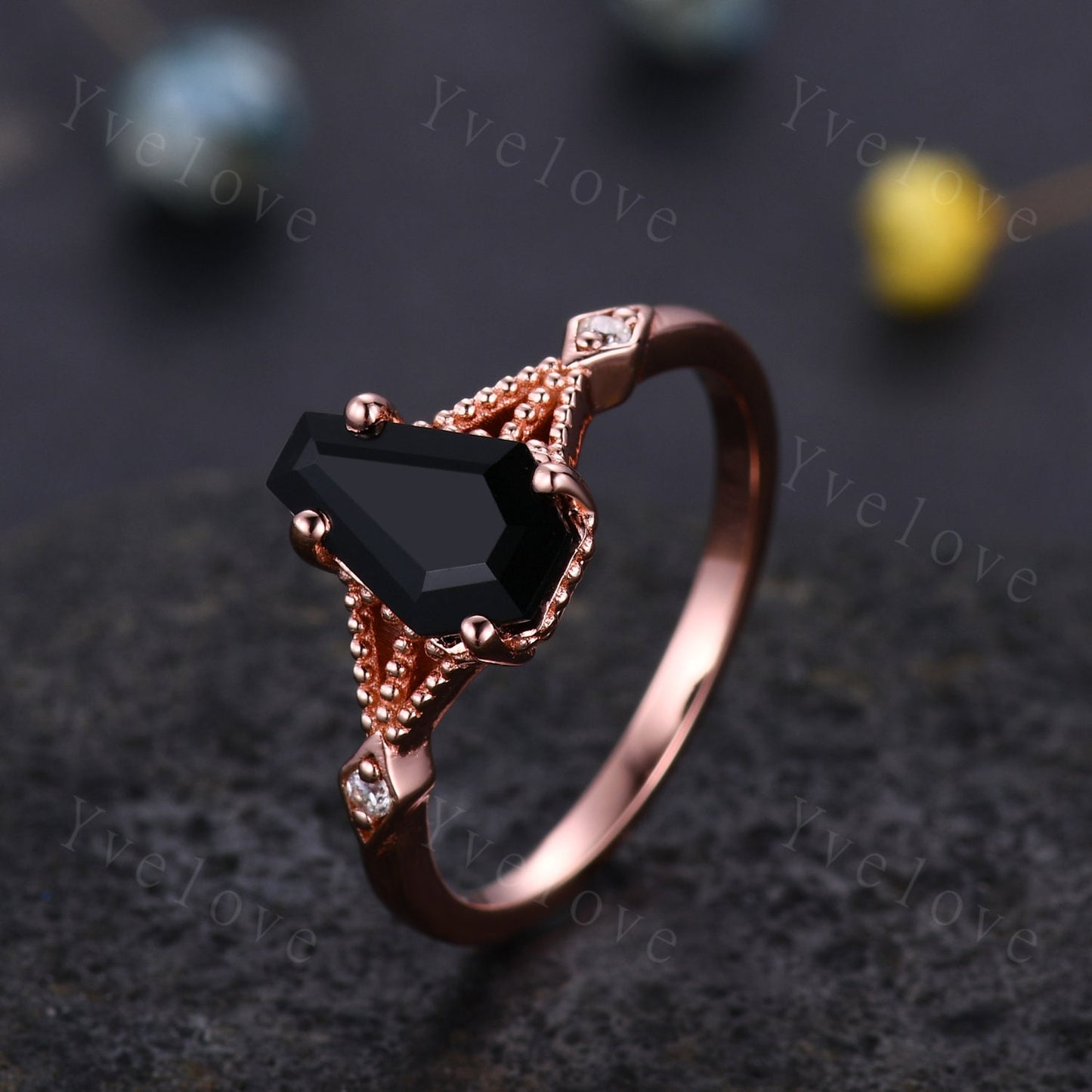 Vintage Coffin black onyx ring diamond wedding ring Unique black onyx engagement ring women rose gold diamond matching band bridal ring gift