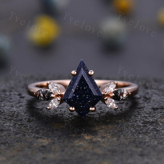 Vintage Kite shaped Sandstone Engagement Ring,Unique Bridal Ring,Marquise Black Rutilated Quartz Ring,Solid Gold Galaxy Anniversary Ring