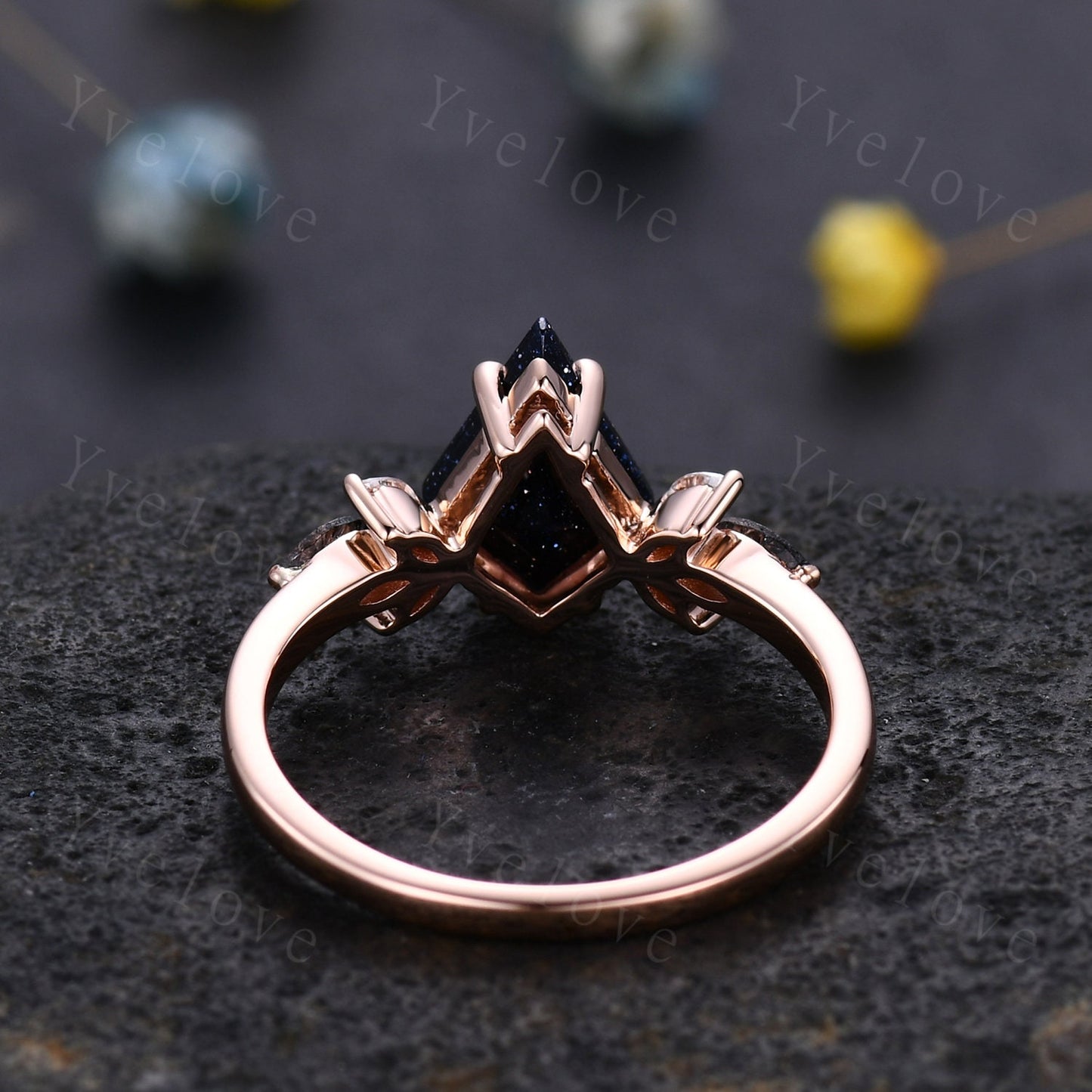 Vintage Kite shaped Sandstone Engagement Ring,Unique Bridal Ring,Marquise Black Rutilated Quartz Ring,Solid Gold Galaxy Anniversary Ring