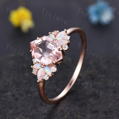 Vintage Hexagon Morganite Opal engagement ring,Unique Marquise Opal Ring,Cluster Ring,Rose Gold,Women Bridal Wedding Band,Statement Ring