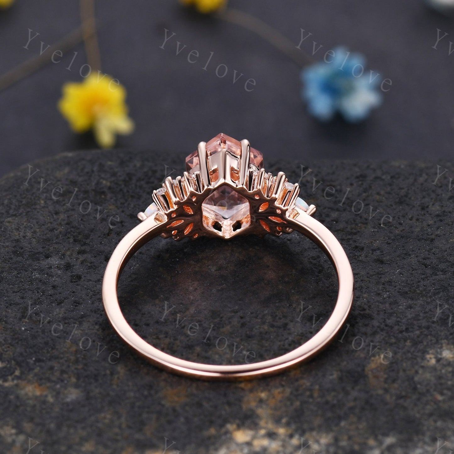 Vintage Hexagon Morganite Opal engagement ring,Unique Marquise Opal Ring,Cluster Ring,Rose Gold,Women Bridal Wedding Band,Statement Ring
