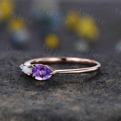 Vintage Amethyst Opal Engagement Ring,Pear Cut Gems,Art Deco Moissanite Wedding Band,3 Stone Unique Women Bridal Promise Ring,Black Gold