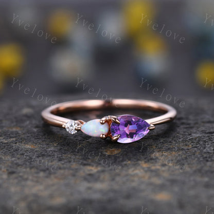 Vintage Amethyst Opal Engagement Ring,Pear Cut Gems,Art Deco Moissanite Wedding Band,3 Stone Unique Women Bridal Promise Ring,Black Gold