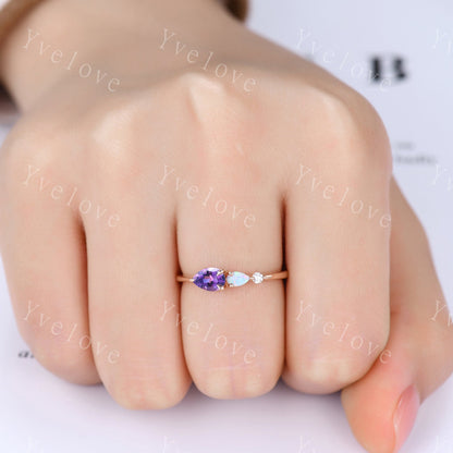 Vintage Amethyst Opal Engagement Ring,Pear Cut Gems,Art Deco Moissanite Wedding Band,3 Stone Unique Women Bridal Promise Ring,Customized