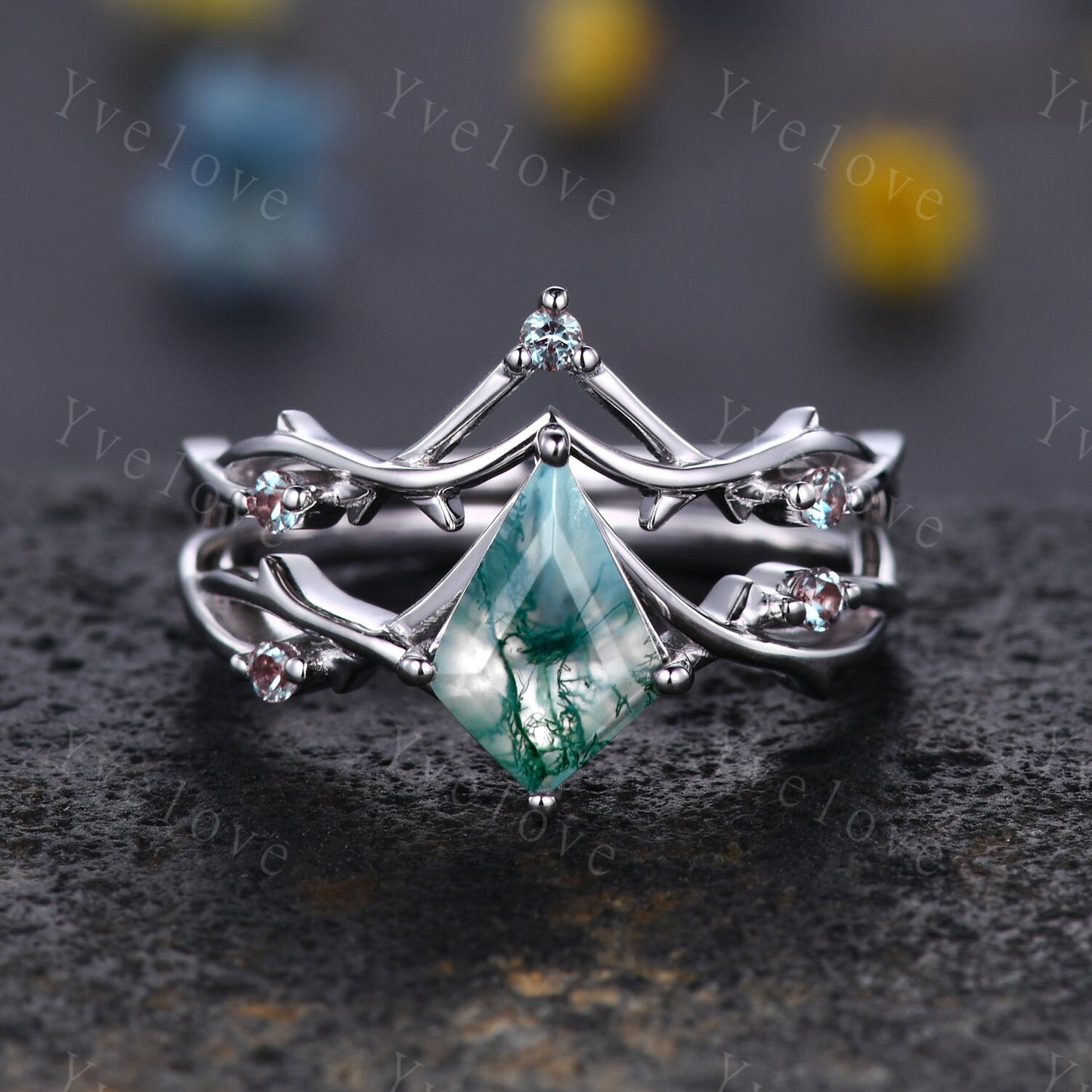 Unique Kite Moss Agate Engagement Ring,Vintage Twig Alexandrite Ring,Branch Ring,White Gold Silver Ring Promise Bridal Set,Green Agate Ring