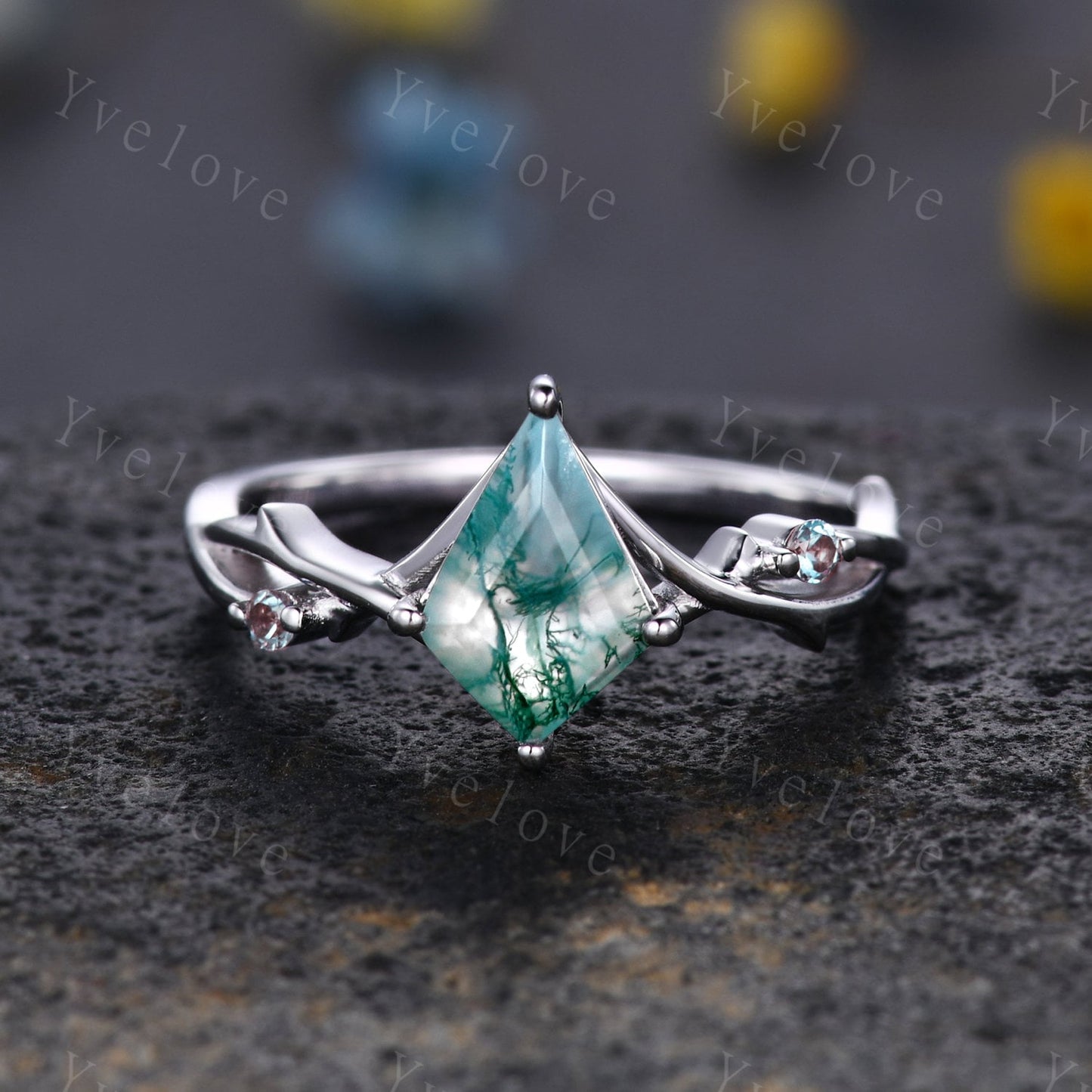 Unique Kite Moss Agate Engagement Ring,Vintage Twig Alexandrite Ring,Branch Ring,White Gold Silver Ring Promise Bridal Set,Green Agate Ring