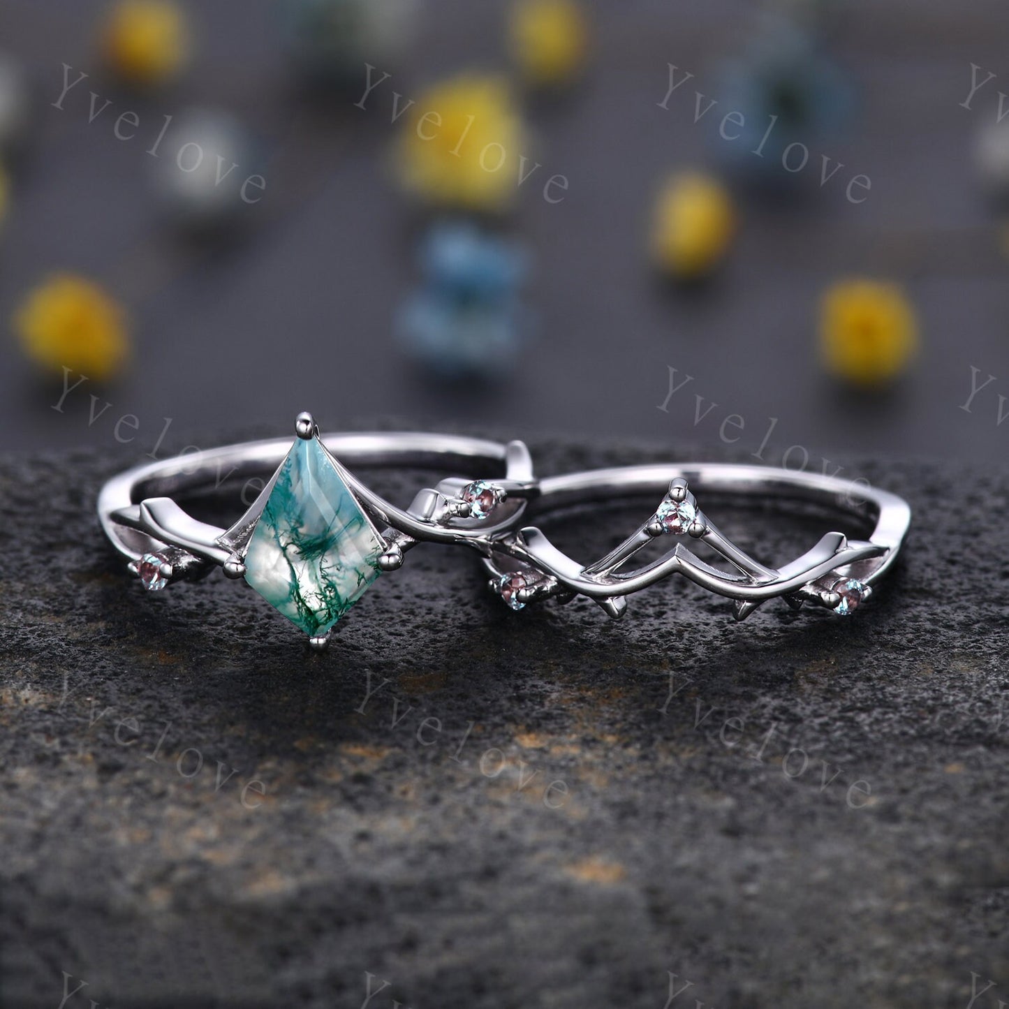 Unique Kite Moss Agate Engagement Ring,Vintage Twig Alexandrite Ring,Branch Ring,White Gold Silver Ring Promise Bridal Set,Green Agate Ring