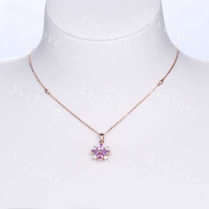 Natural Pink Sapphire Diamond Necklace,Pink Gems Pendant Floral Diamond Jewelry Delicate Dainty Necklace Gift For Women or Her,White Gold