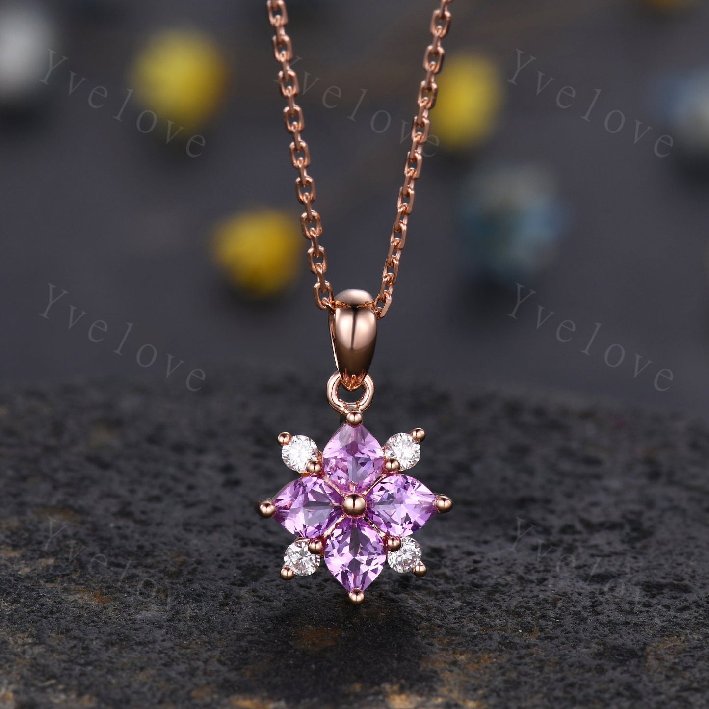 Natural Pink Sapphire Diamond Necklace,Pink Gems Pendant Floral Diamond Jewelry Delicate Dainty Necklace Gift For Women or Her,White Gold