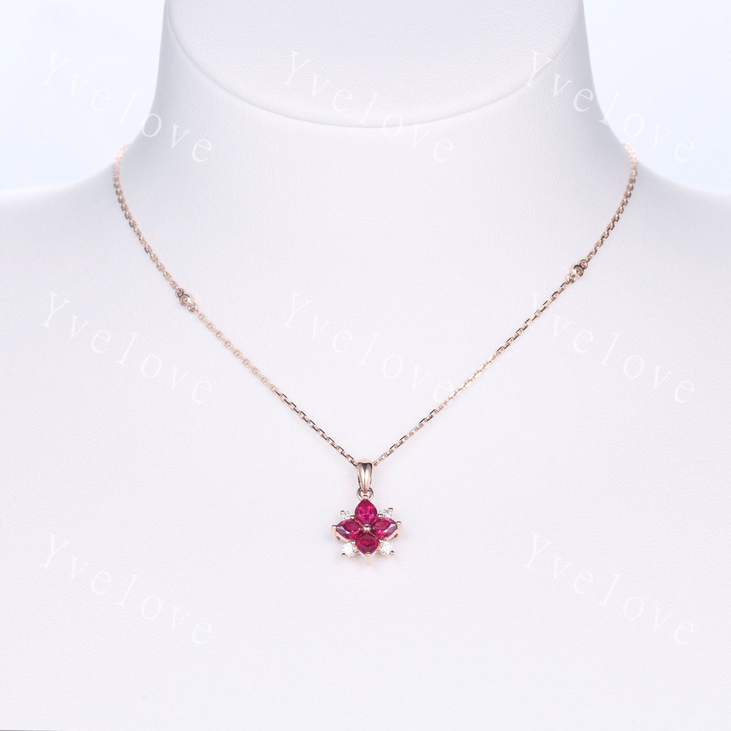 Vintage Natural Red Ruby Diamond Necklace,Pink Gems Pendant Floral Diamond Jewelry Delicate Dainty Necklace Gift For Women,14k White Gold