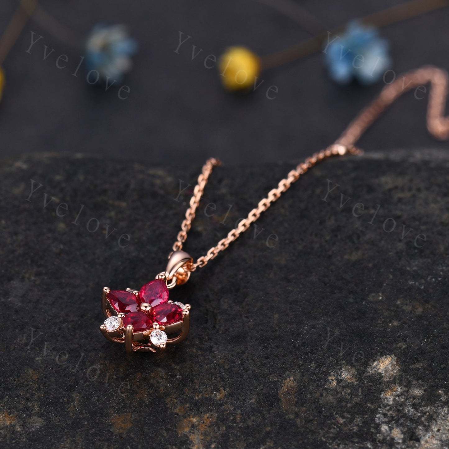 Vintage Natural Red Ruby Diamond Necklace,Pink Gems Pendant Floral Diamond Jewelry Delicate Dainty Necklace Gift For Women,14k White Gold