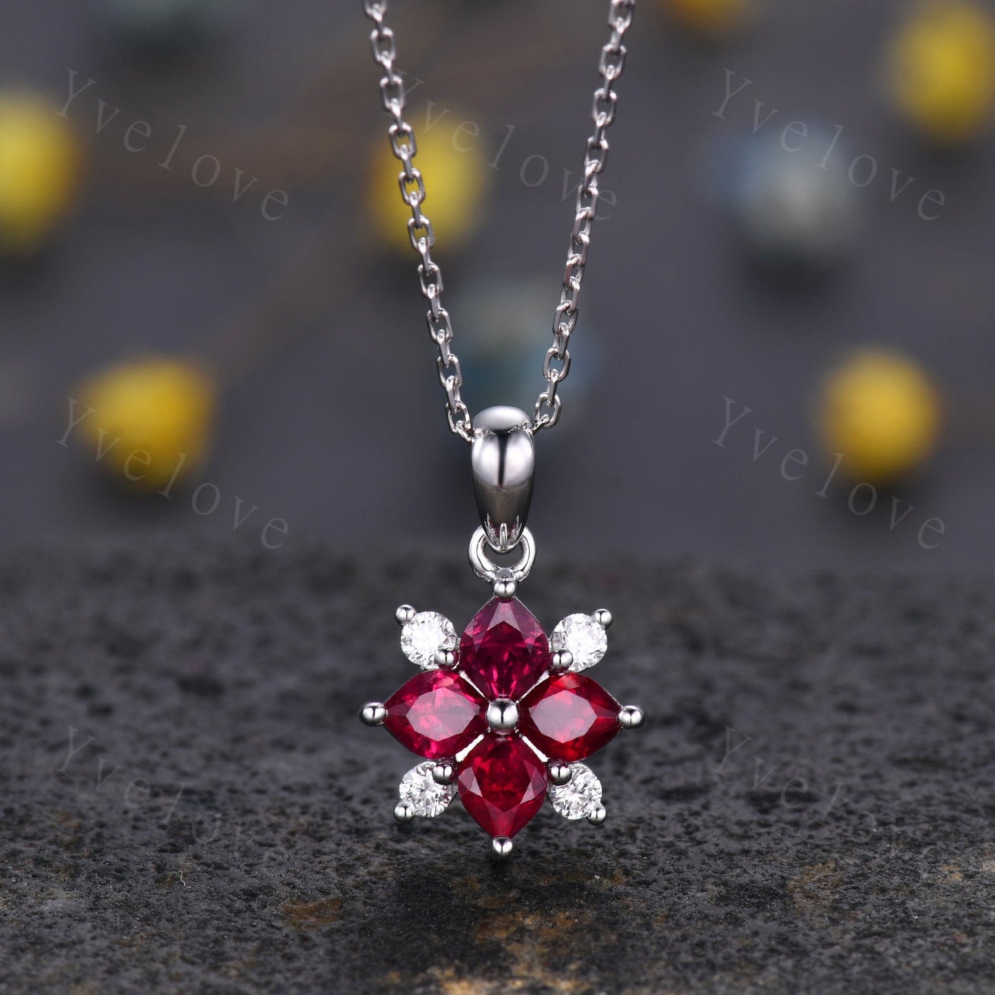 Vintage Natural Red Ruby Diamond Necklace,Pink Gems Pendant Floral Diamond Jewelry Delicate Dainty Necklace Gift For Women,14k White Gold