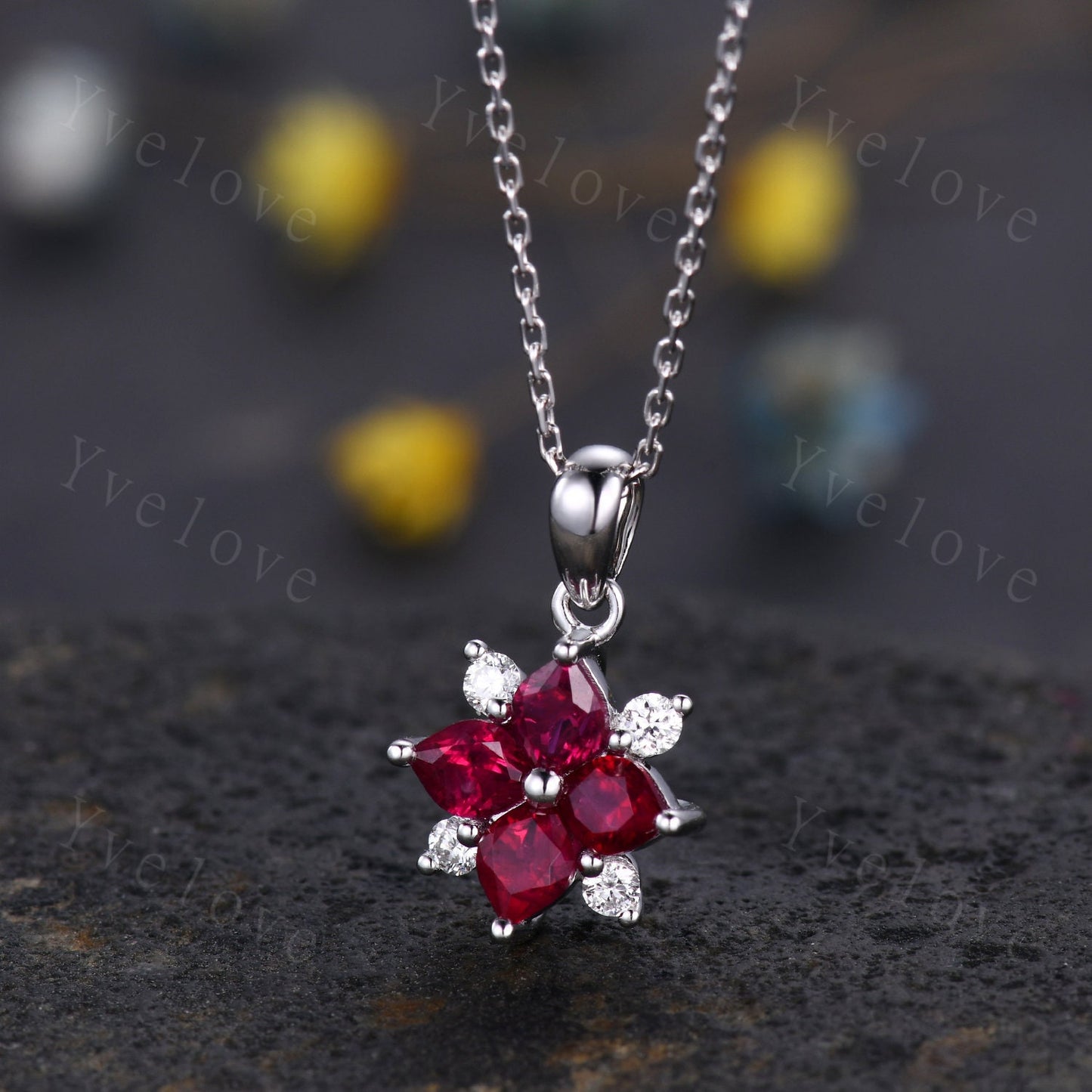 Vintage Natural Red Ruby Diamond Necklace,Pink Gems Pendant Floral Diamond Jewelry Delicate Dainty Necklace Gift For Women,14k White Gold