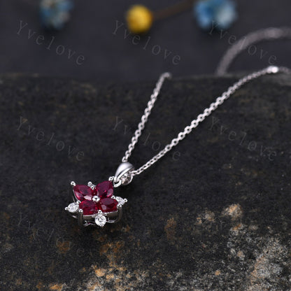 Vintage Natural Red Ruby Diamond Necklace,Pink Gems Pendant Floral Diamond Jewelry Delicate Dainty Necklace Gift For Women,14k White Gold