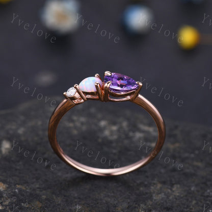 Vintage Amethyst Opal Engagement Ring,Pear Cut Gems,Art Deco Moissanite Wedding Band,3 Stone Unique Women Bridal Promise Ring,Customized