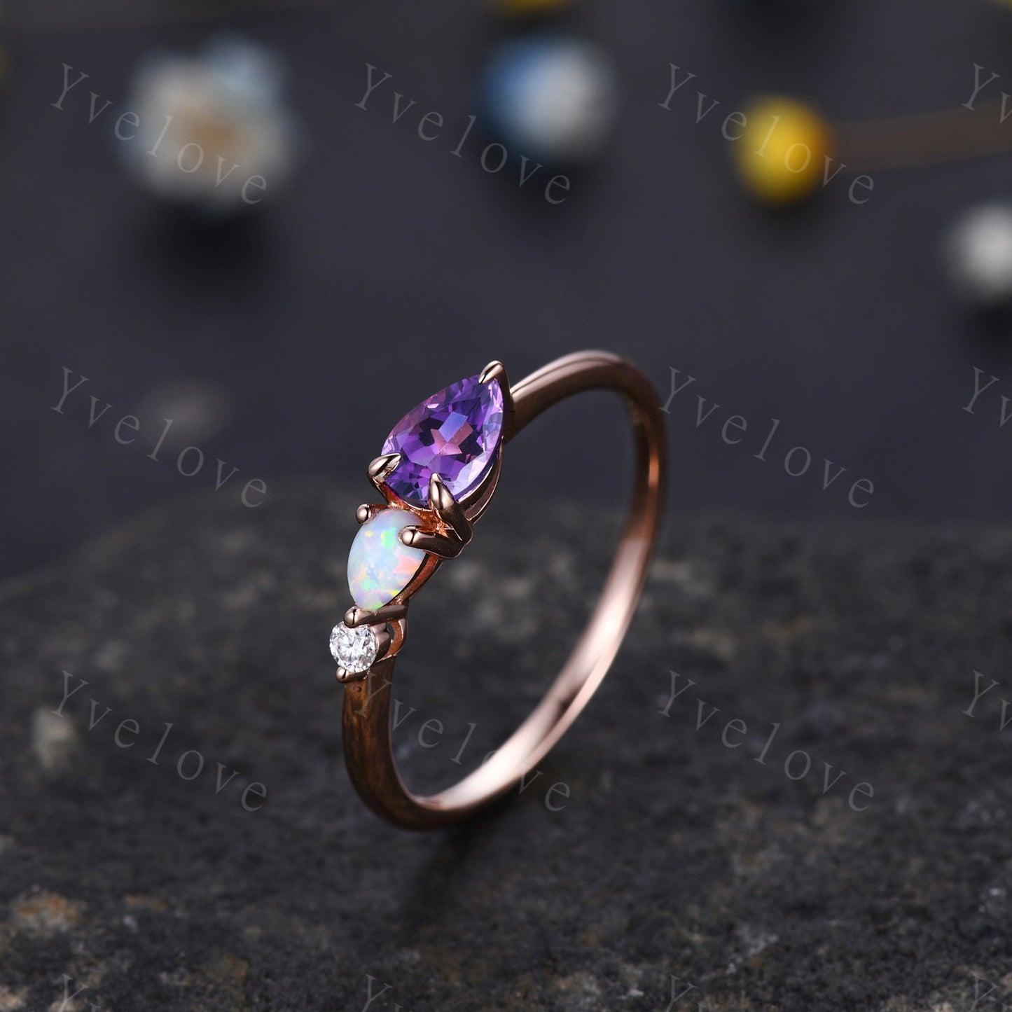 Vintage Amethyst Opal Engagement Ring,Pear Cut Gems,Art Deco Moissanite Wedding Band,3 Stone Unique Women Bridal Promise Ring,Customized