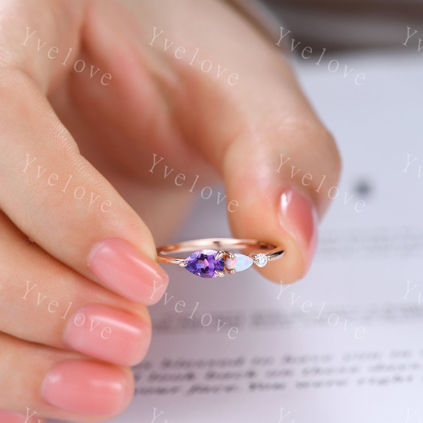 Vintage Amethyst Opal Engagement Ring,Pear Cut Gems,Art Deco Moissanite Wedding Band,3 Stone Unique Women Bridal Promise Ring,Black Gold