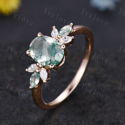 Moss Agate Engagement Ring Women Stacking Matching Band Moissanite Green Agate Ring Unique Vintage Floral Design Promise Bridal Ring Gift