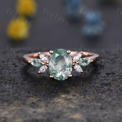 Moss Agate Engagement Ring Women Stacking Matching Band Moissanite Green Agate Ring Unique Vintage Floral Design Promise Bridal Ring Gift