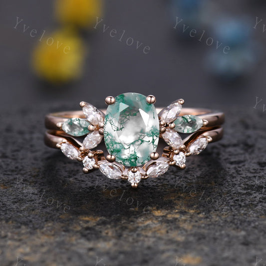 Moss Agate Engagement Ring Set Women Stacking Matching Band Moissanite Green Agate Ring Unique Vintage Floral Design Promise Bridal Set Gift