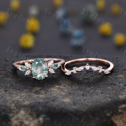 Moss Agate Engagement Ring Women Stacking Matching Band Moissanite Green Agate Ring Unique Vintage Floral Design Promise Bridal Ring Gift