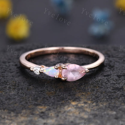 Unique Rose Quartz Opal Engagement Ring,Pear Cut Gems,Art Deco Moissanite Wedding Band,3 Stone Unique Women Bridal Promise Ring,Customized