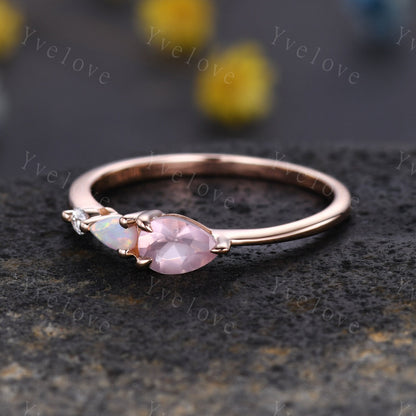 Unique Rose Quartz Opal Engagement Ring,Pear Cut Gems,Art Deco Moissanite Wedding Band,3 Stone Unique Women Bridal Promise Ring,Customized