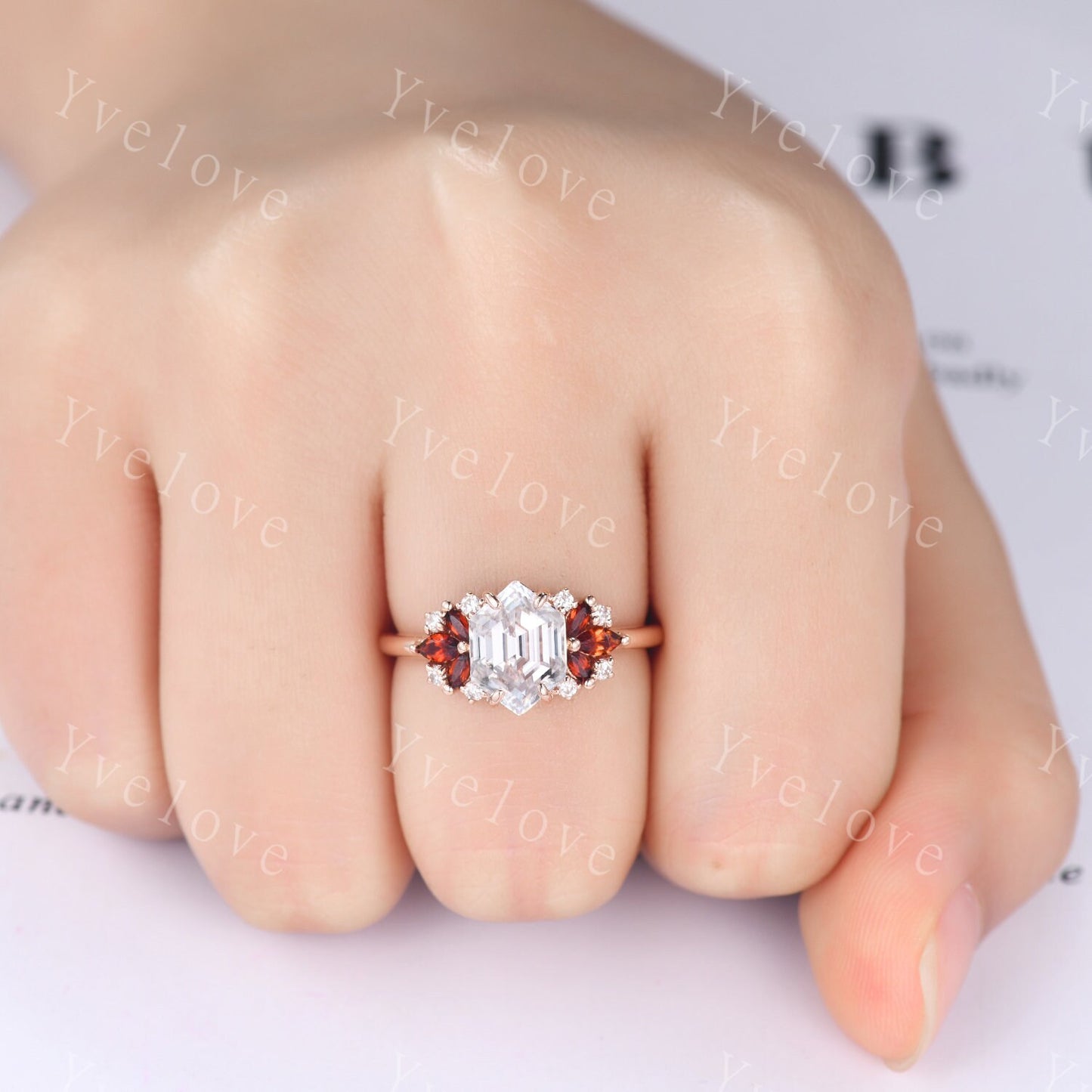 Vintage Hexagon Moissanite Garnet engagement ring,Unique Marquise Garnet Ring,Cluster Ring,Gold,Women Bridal Wedding Band,Statement Ring