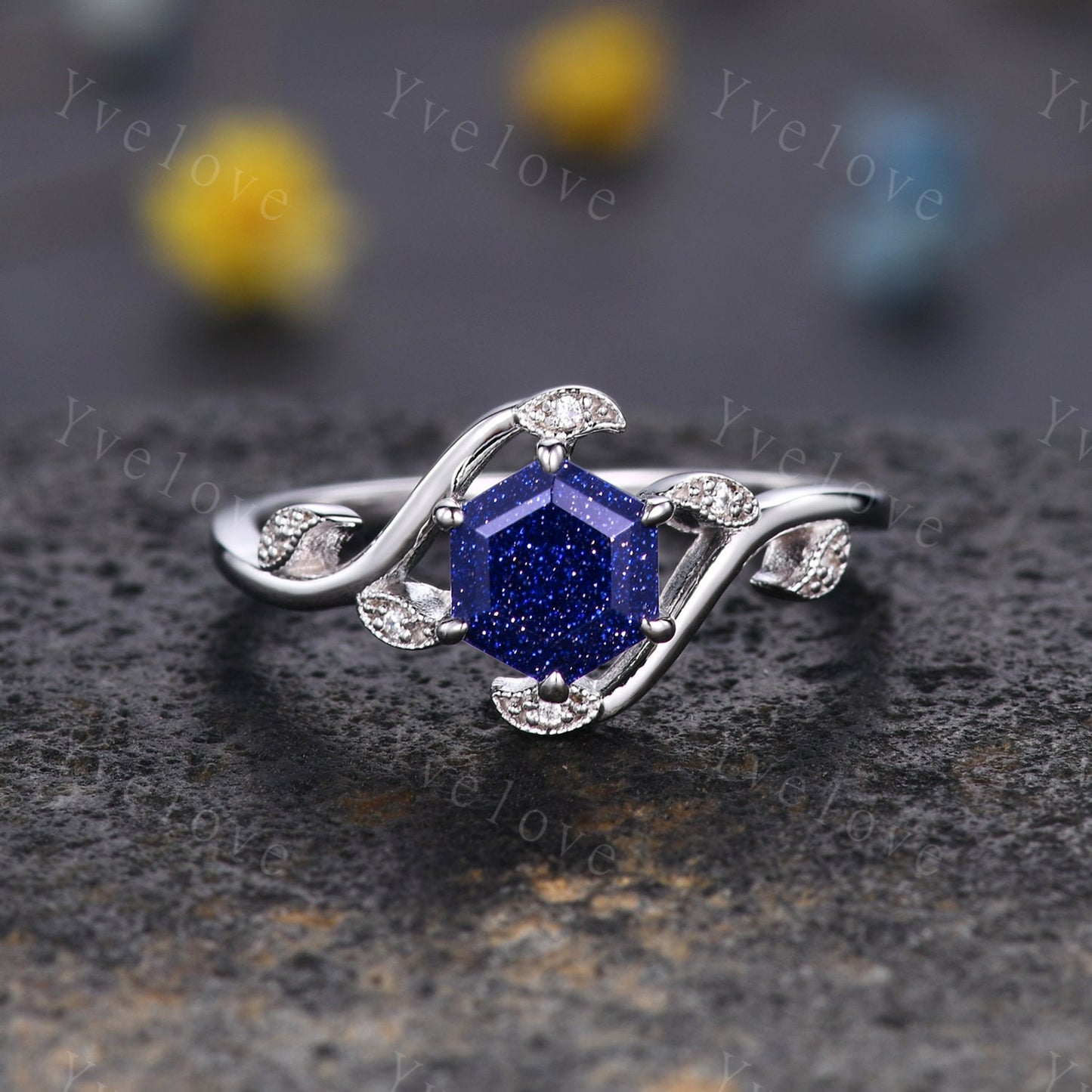 Retro hexagon Blue Gems Ring,Vintage Sterling Silver Ring Set,Unique Sandstone Engagement Ring,Promise Ring,Anniversary Bridal Ring Gift