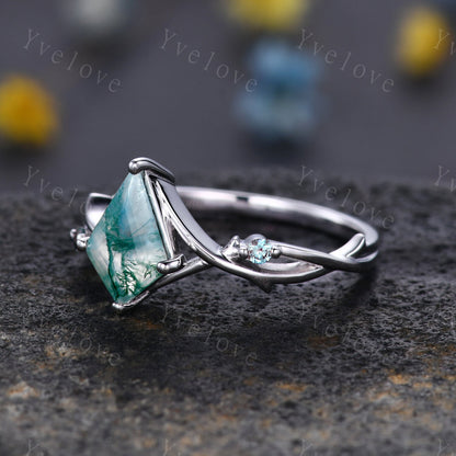 Unique Kite Moss Agate Engagement Ring,Vintage Twig Alexandrite Ring,Branch Ring,White Gold Silver Ring Promise Bridal Ring,Green Agate Ring